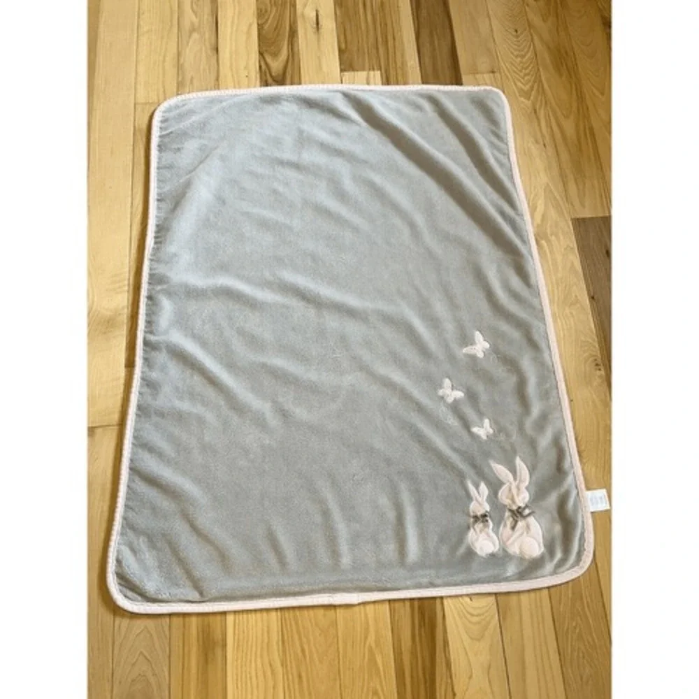 Koala Baby Bunny Rabbits & Butterflies Gray w Pink Velour Appliqued Baby Blanket